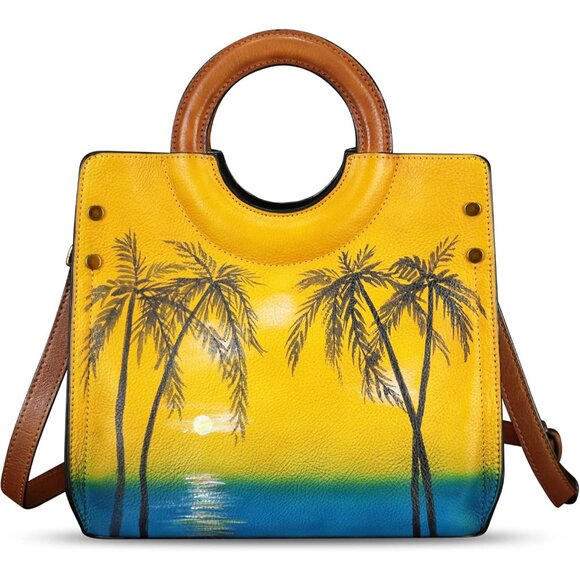 Genuine Leather Tote Bag for Women Hand Painted Leather Shoulder Handbag Handmad